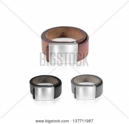 Mens belt set with blank badge mockup isolated. Black brown grey clear waistband mock up with grey band. White metallic ensign template on jeans belt. Leather clothing belt design empty shield.