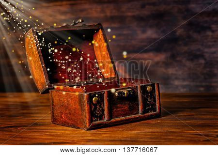 Beautiful Greeting Card Of Opened Vintage Chest Treasure With Miracle Magic Light And Golden Sun Bea