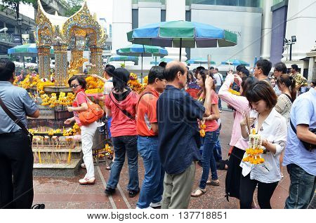 BANGKOK THAILAND-20 JUNE 2016: Erawan Shrine Hindu shrine Aerial cityscape view of Ratchaprasong area in Bangkok. It is the main shopping and business street.