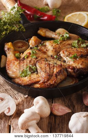 Hot Fried Chicken Tabaka With Ingredients Close-up. Vertical