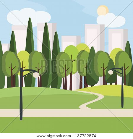 green city summer landscape - cartoon vecor background illustration