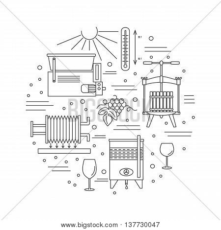 Round composition with winery symbols. Grapes, sun, thermometer, grape crusher destemmer, fruit press, wine tank, wine filter, wine glasses. Vector graphic design elements isolated on white background