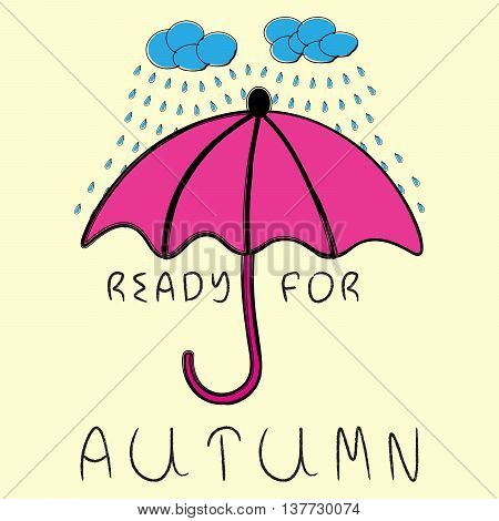 Rainy clouds with falling raindrops in blue colors and pink umbrella on white background. Ready for autumn hand drawn text.