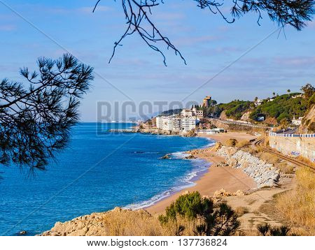 Beach and village of Sant Pol de Mar, Catalonia, Spain