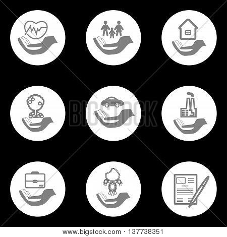 Set insurance pictograms in round shape - home auto health life insurance insurance luxury items agricultural and business risk insurance insurance package insurance policy