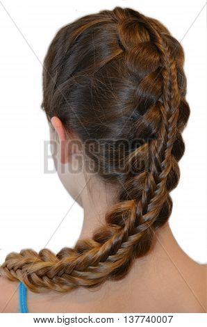 Weaving with long hair - young girl in blue on a white background