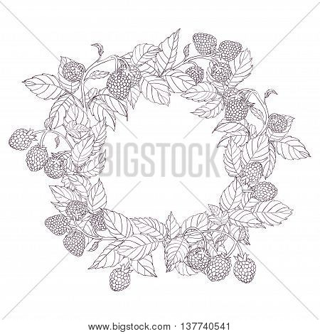 Round wreath or frame of branches of raspberry with leaves and berries on a white background. Branches painted dark tench and filled with white. Wreath isolated from the background.Vector illustration