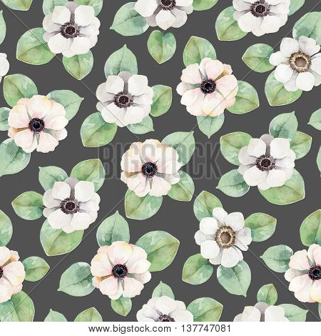 Seamless floral pattern with anemones. Watercolor illustration