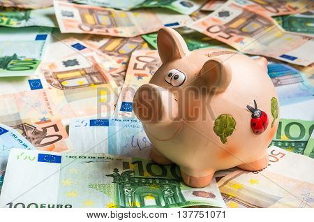 Piggy Bank In A Pile Of Euro Money