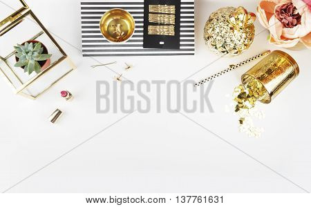 White background. Header website or Hero website, Mockup product view table gold accessories. stationery supplies. glamour style. Flat lay