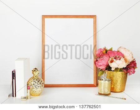 Picture frame with decorations. Mock up for your photo or text Place your work, print art,shabby style, white background,
