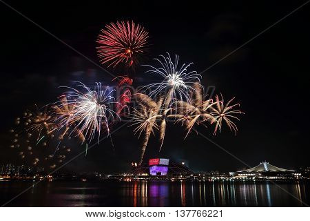 Fireworks celebrating Singapore's national day across the Kallang River