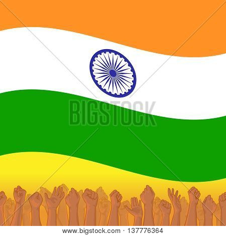 India Independence day. Vector background with Indian national flag, deep saffron, white and green colors. 15th of august design element with Dharma wheel. Crowd of indian people with raised hands