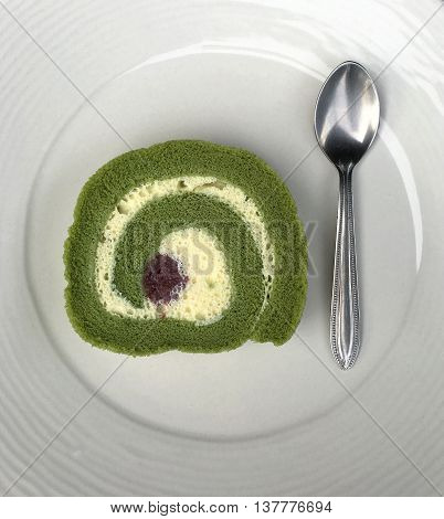 Matcha Cake Roll ready for breakfast with coffe.