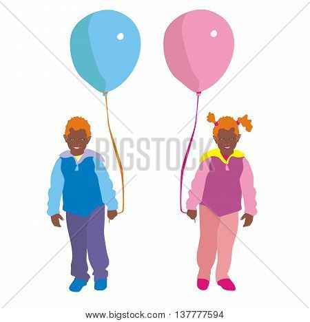 Illustration of boy and girl twins with balloons isolated on white background