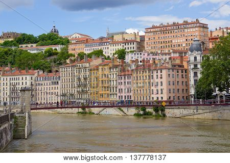 LION, FRANCE - JUNE 16, 2016:The view from river Sona to the bridge and Lyon city, France