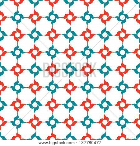 Arabesque lattice of stylized red and blue four-petal flowers on white background. Seamless repeat.