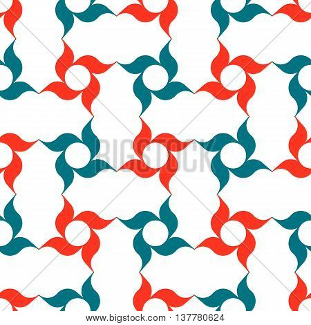 Arabesque lattice of stylized red and blue four-petal flowers on white background. Seamless repeat.