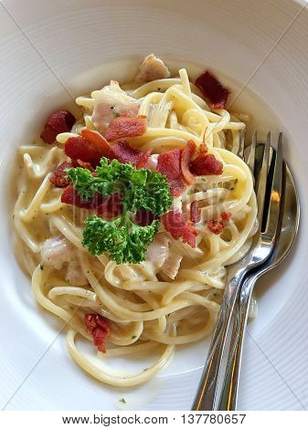 Pasta bacon noodles ham tasty food  restaurant