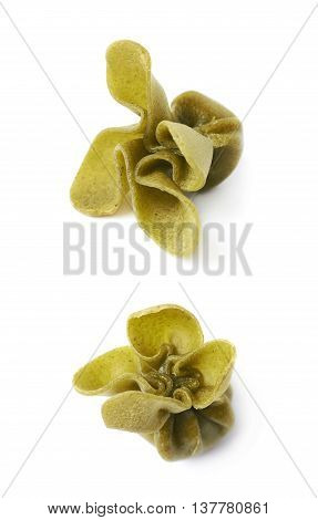 Single sacchettoni stuffed sacchetti pasta isolated over the white background, set of two different foreshortenings