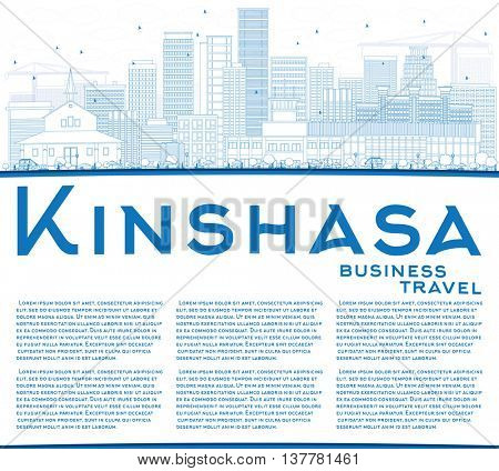 Outline Kinshasa Skyline with Blue Buildings and Copy Space. Business Travel and Tourism Concept with Historic Buildings. Image for Presentation Banner Placard and Web Site.