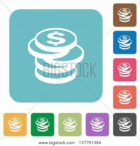 Flat dollar coins icons on rounded square color backgrounds.