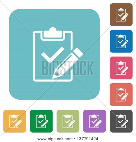 Flat fill out checklist icons on rounded square color backgrounds.