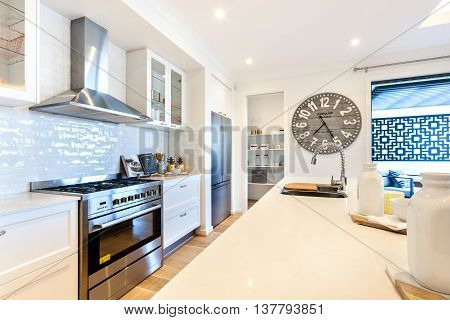 Modern Kitchen Closeup With Countertop And Stove Under The Oven