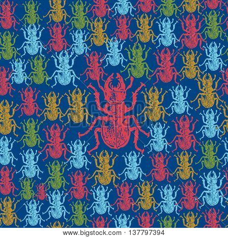 Vector illustrated seamless stag-beetle pattern. Colorful engraved stag-beetle on blue background
