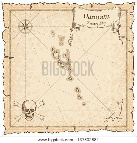 Vanuatu Old Pirate Map. Sepia Engraved Template Of Treasure Map. Stylized Pirate Map On Vintage Pape