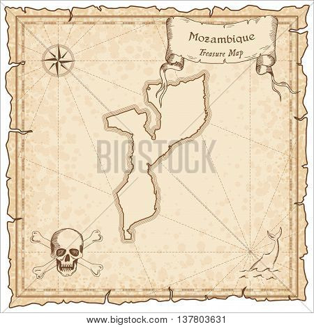 Mozambique Old Pirate Map. Sepia Engraved Template Of Treasure Map. Stylized Pirate Map On Vintage P