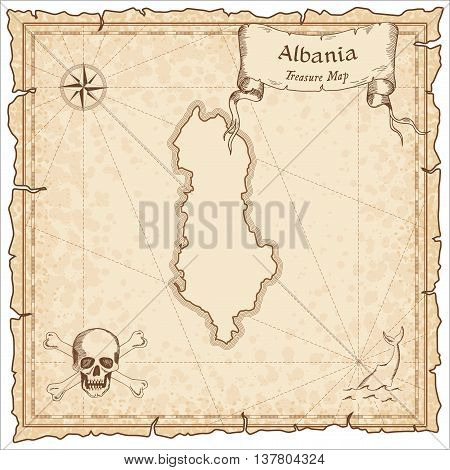 Albania Old Pirate Map. Sepia Engraved Template Of Treasure Map. Stylized Pirate Map On Vintage Pape
