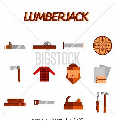 Lumberjack woodcutter flat icons set of wood timber industry isolated vector illustration