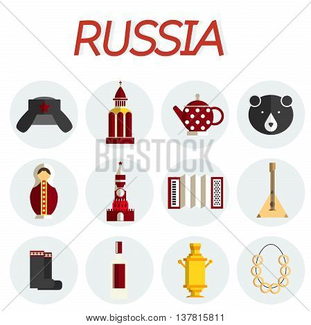 Travel to Russia. Set of icons of Russian architecture, food, costumes, traditional symbols, music, musical instruments, dolls, tea. Russian people. Collection of flat illustration to guide