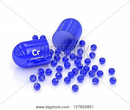 3D Rendered Chromium Cr Pill Over White Background