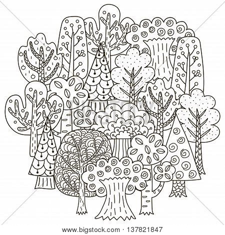 Circle shape pattern with fantasy trees for coloring book. Black and white magic forest background. Vector illustration