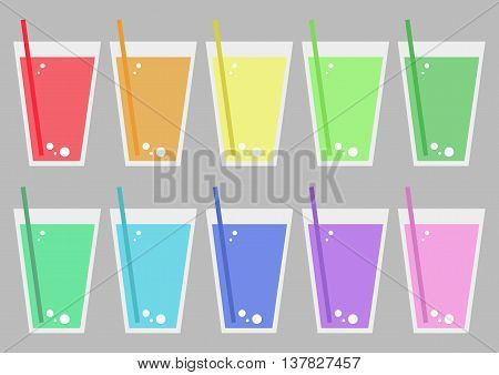 Set of Colorful Beverages in Simple Glass with Straw. Colorful shades summer theme.