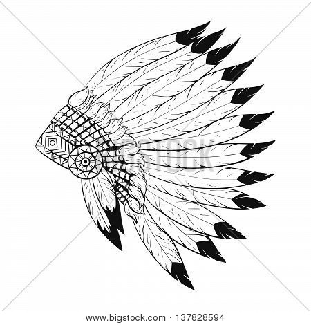 Vector monochrome illustration of native American war bonnet. Design for T-shirt or poster.