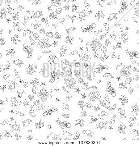 Seamless pattern with doodle outline hand drawn marine deep-water turtle and seashell. Vector sea fauna for children textile. packaging, walpaper, fabric, coloring