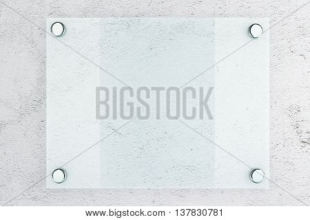Closeup of blank glass plate on concrete wall background. Mock up 3D Rendering