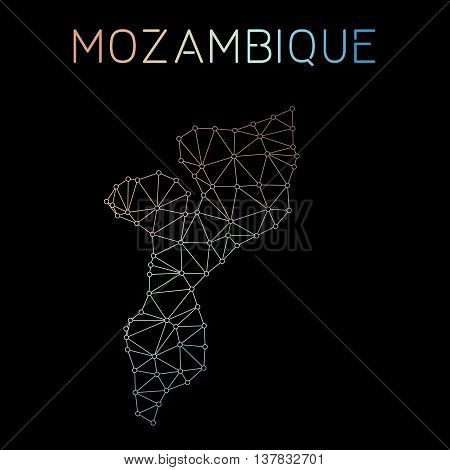 Mozambique Network Map. Abstract Polygonal Map Design. Network Connections Vector Illustration.