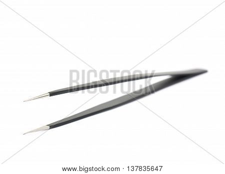 Black metal anti-static tweezers tool isolated over the white background