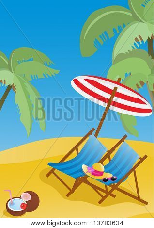 Ilustración de vector de chaise lounge con sombrilla en la playa