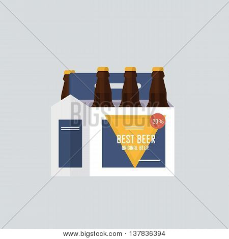 Beer bottles in a cardboard box with a handle.Beer packaging. Flat vector