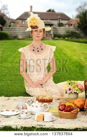 portrait of vintage Edwardian woman at picnic