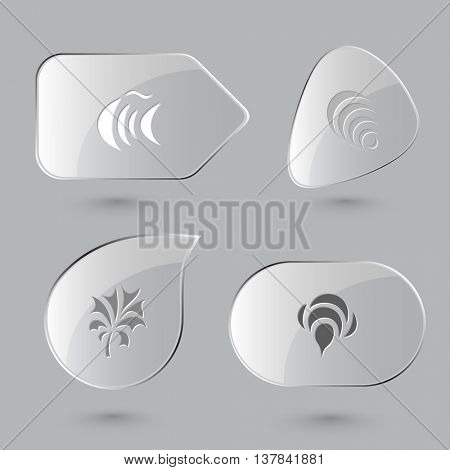 4 images: fish, hanoi pyramid, plant, bee. Abstract set. Glass buttons on gray background. Vector icons.
