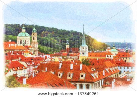 Church of St. Nicholas (Kostel svateho Mikulase na Male Strane) in Prague Czech Republic. Autumn landscape with a view of the red roofs. Photo stylized illustration