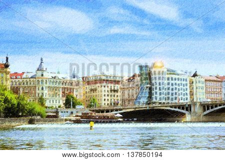 Metropolises Prague modern architecture Dancing home Czech republic. Photo stylized illustration