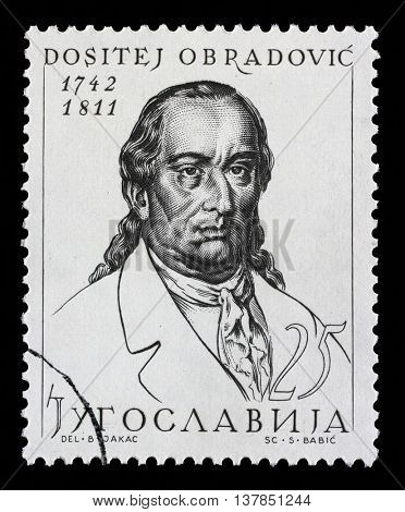 ZAGREB, CROATIA - SEPTEMBER 18: Stamp printed in Yugoslavia shows Dositej Obradovic, philosopher, linguist, minister of education of Serbia, circa 1963, on September 11, 2014, Zagreb, Croatia