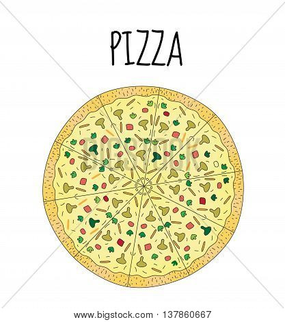 Pizza drawing . Postcard pizza hand drawing. Postrer pizza vector illustration.